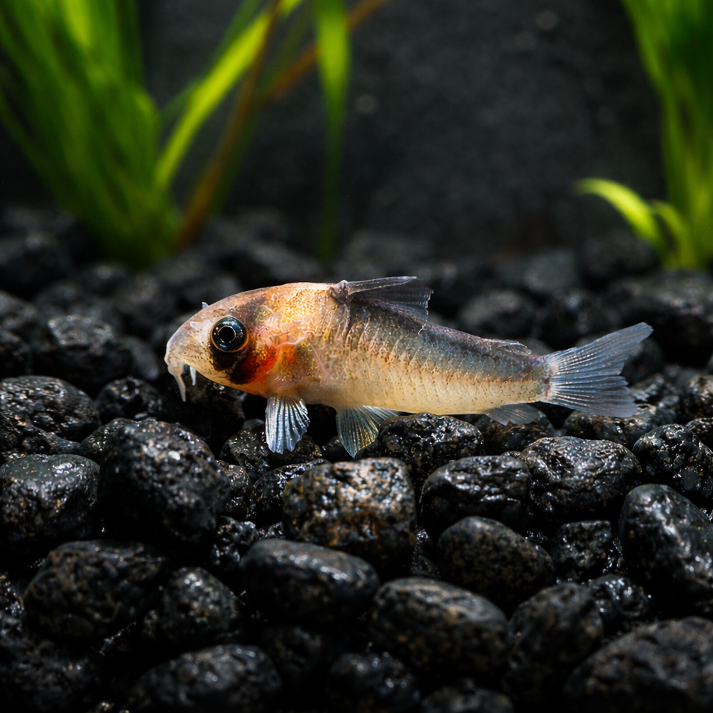Adolfoi Cory fish on black pebbles with green plants in the background
