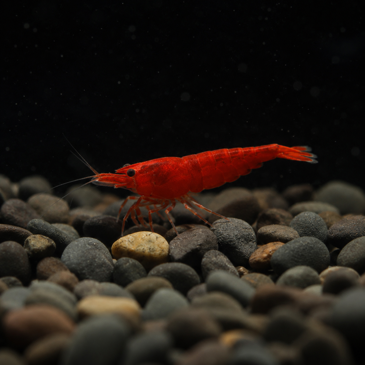 A Bloody Orange Shrimp on small pebbles in an aquarium with a dark background 