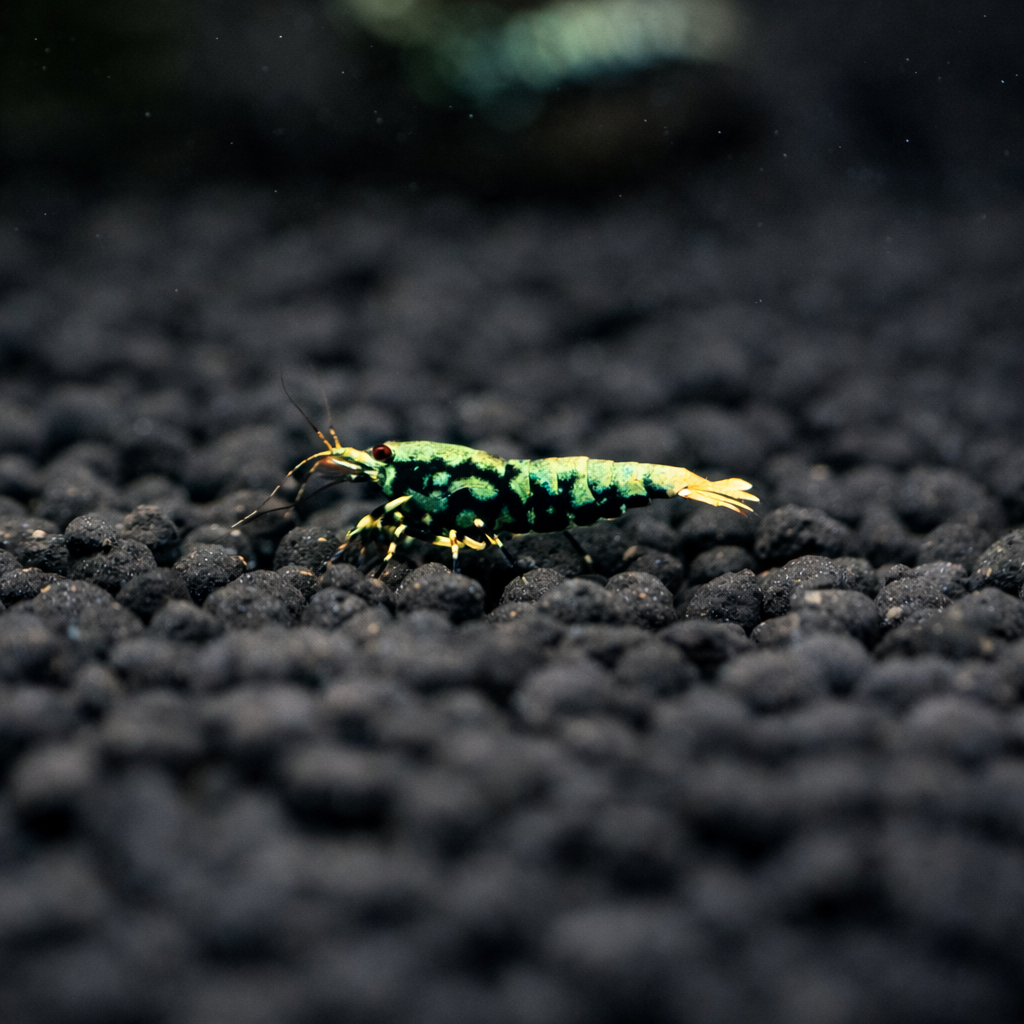 Blue BOA Shrimp on black gravel in an aquarium setting