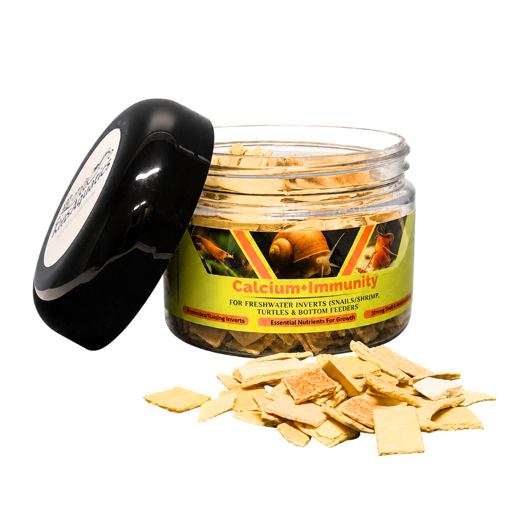 A clear plastic jar of Calcium + Immunity fish food supplement with its black lid leaning against it, showing the beige square food pieces inside, with some pieces scattered in front on a transparent background.