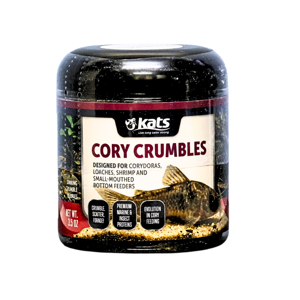 A jar of Kats Cory Crumbles food for corys and other bottom dwelling fish