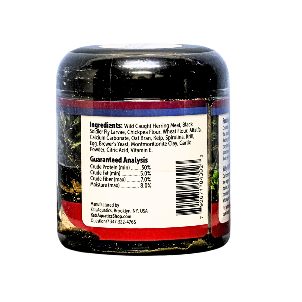 A jar of KatsAquaticus cory crumbles showing ingredients and guaranteed analysis details on a white background.