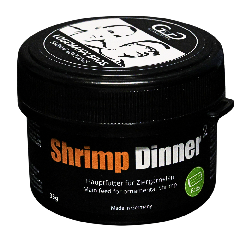 A black plastic tub of GlasGarten Shrimp Dinner 2, a main feed for freshwater shrimp with screw top container