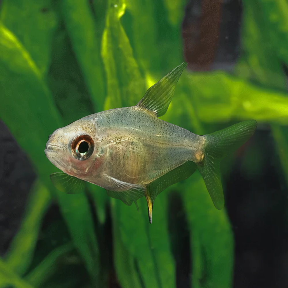 A small Lemon Tetra Fish swimming in front of bright green aquatic plants.