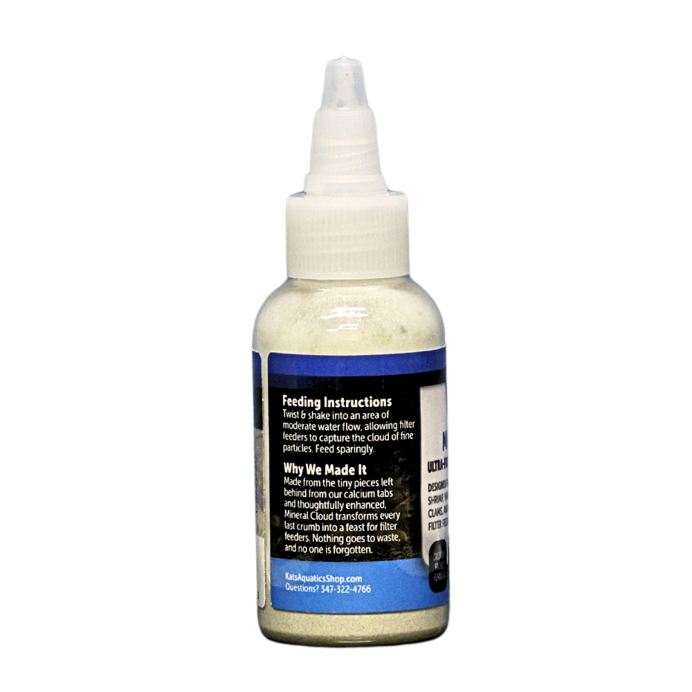 A small clear plastic bottle with a white pointed applicator cap, filled with Mineral Cloud calcium based powder that provides supplemental nutrition for filter feeders and small invertebrates like bamboo shrimp, shrimp, snails 