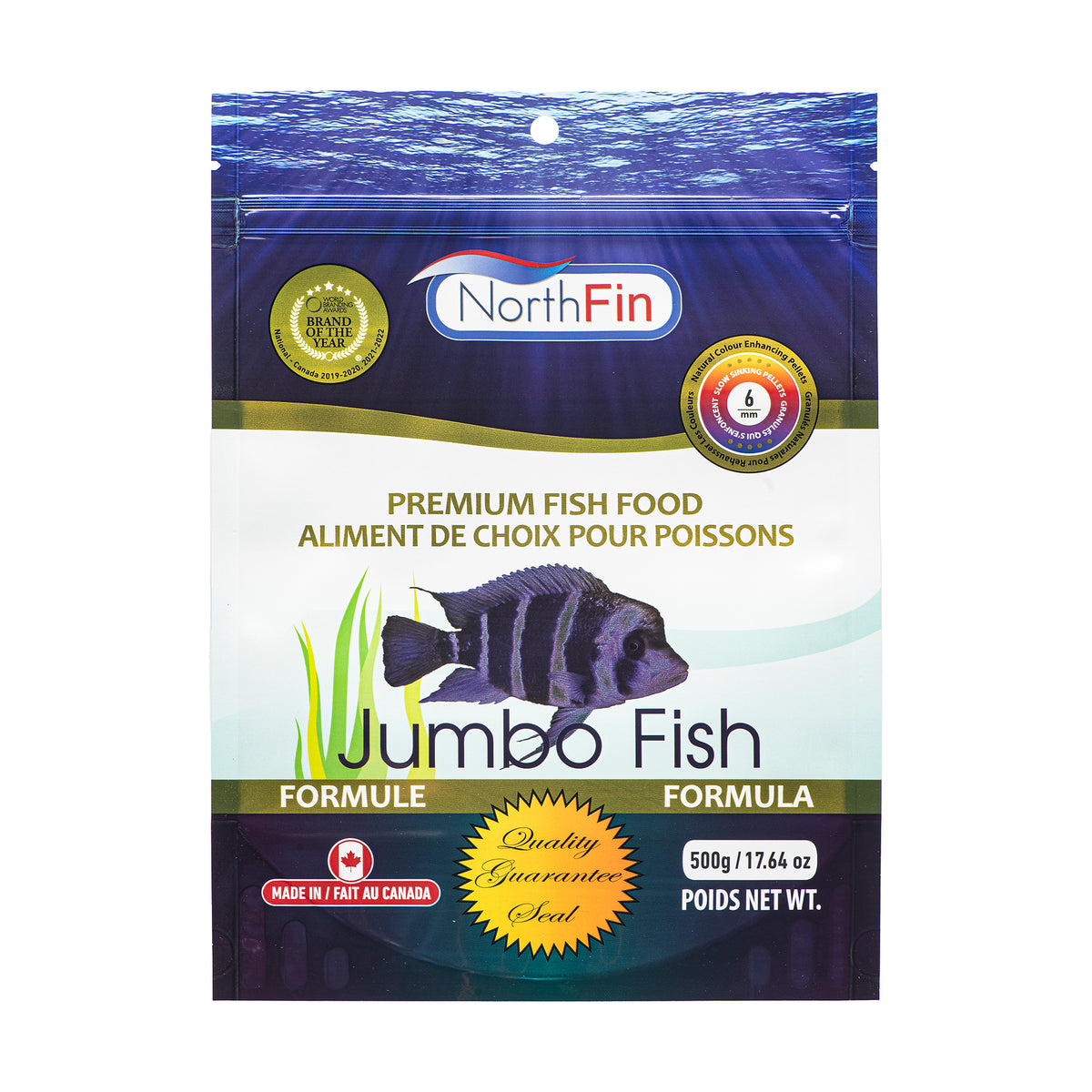 North Fin Jumbo Fish food packaging with a fish illustration on a blue and white background