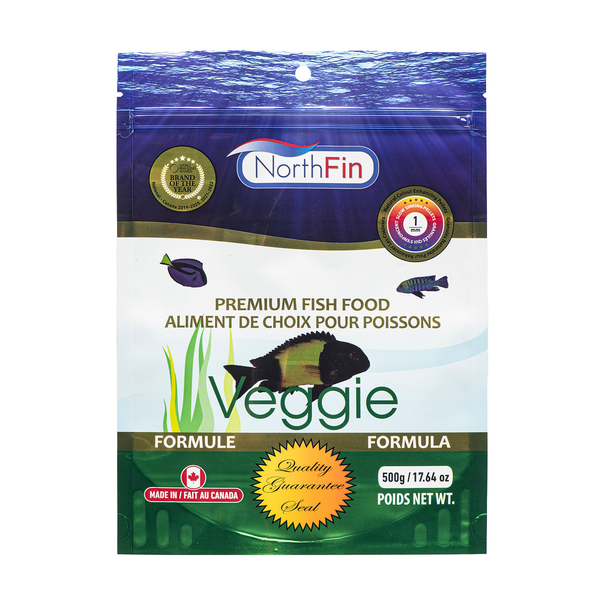 NorthFin Veggie premium fish food packaging with underwater design