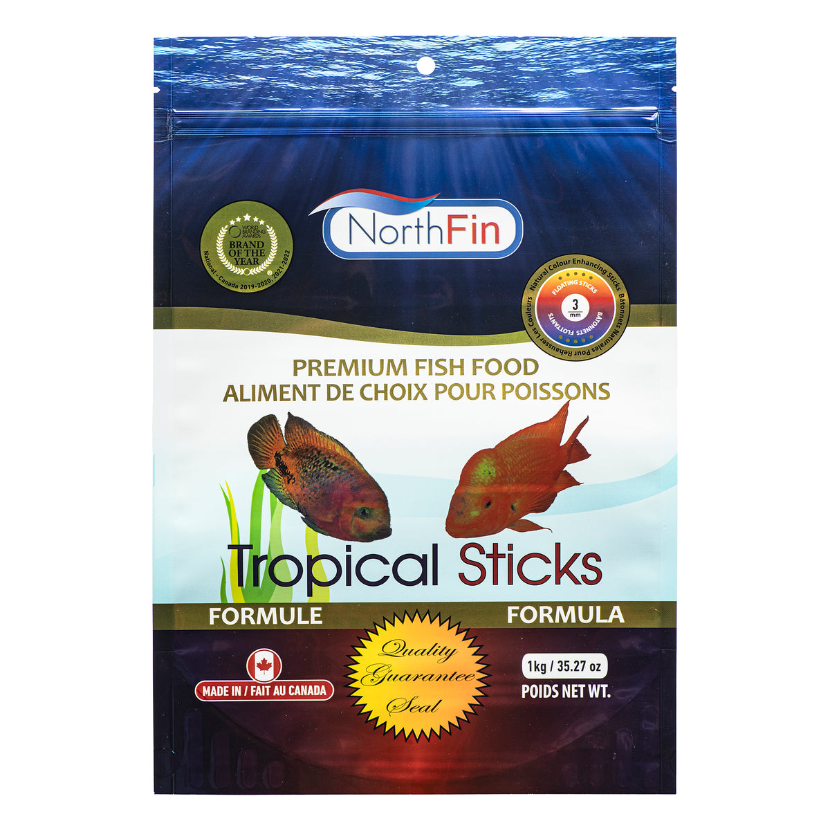 North Fin Tropical Sticks fish food packaging with underwater design