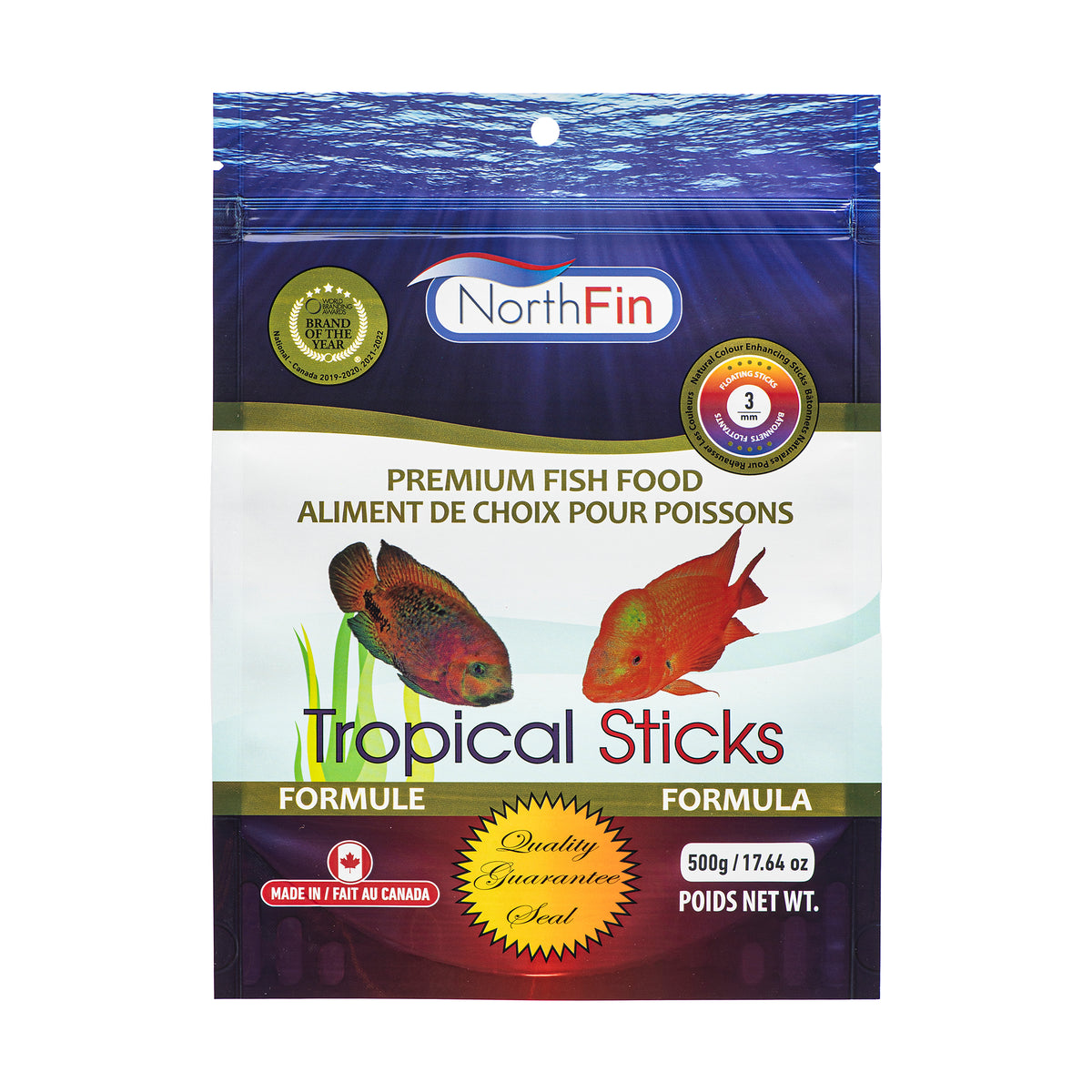 North Fin Tropical Sticks fish food packaging with underwater design and fish illustrations.