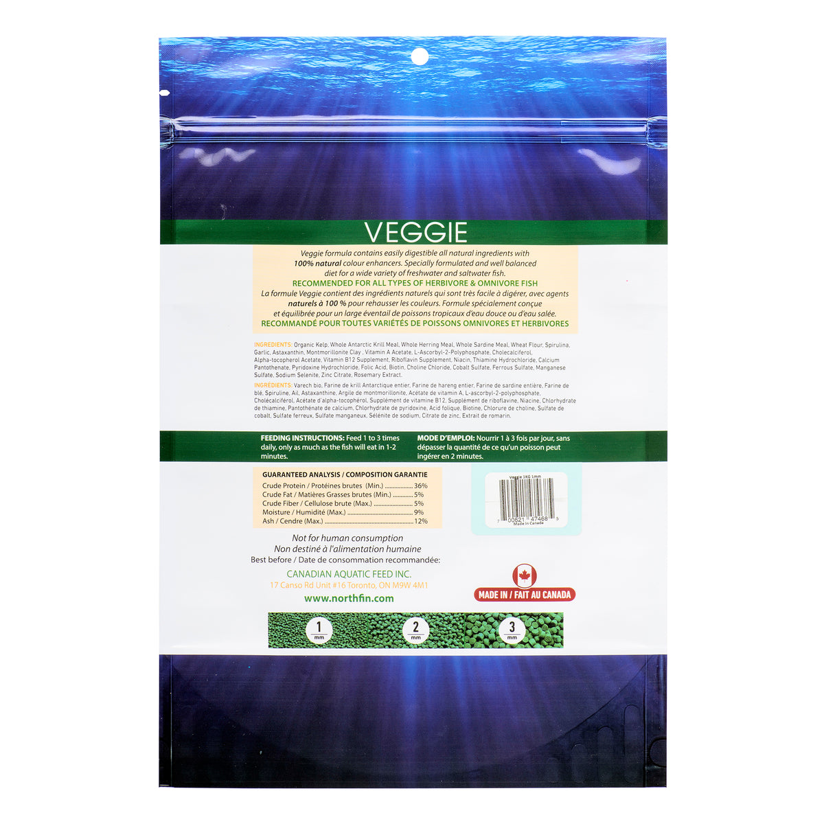 fish food packaging with 'Veggie' label and blue gradient