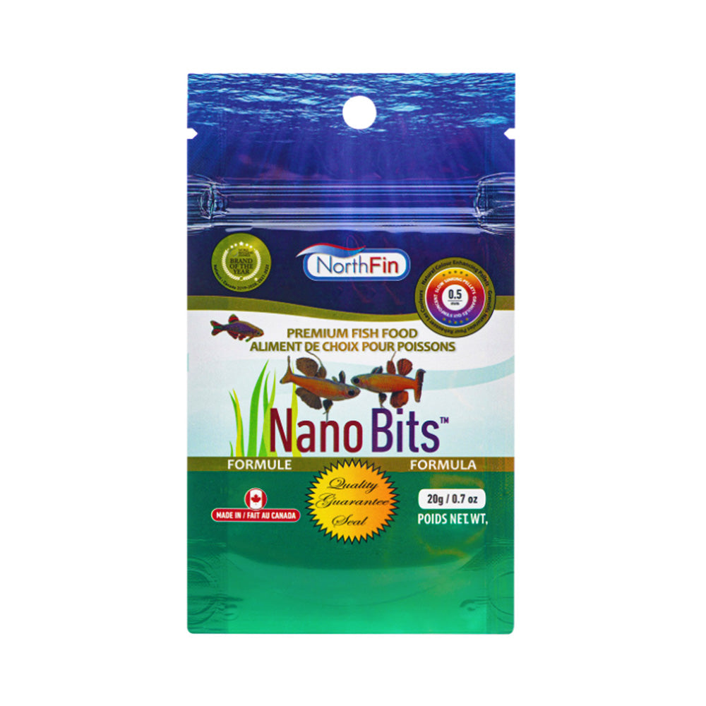 NorthFin Nano Bits fish food packaging with white background