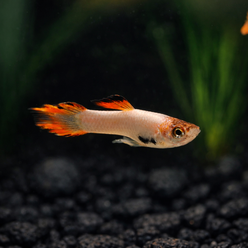 Pink Endler fish with pink and orange tail in an aquarium setting