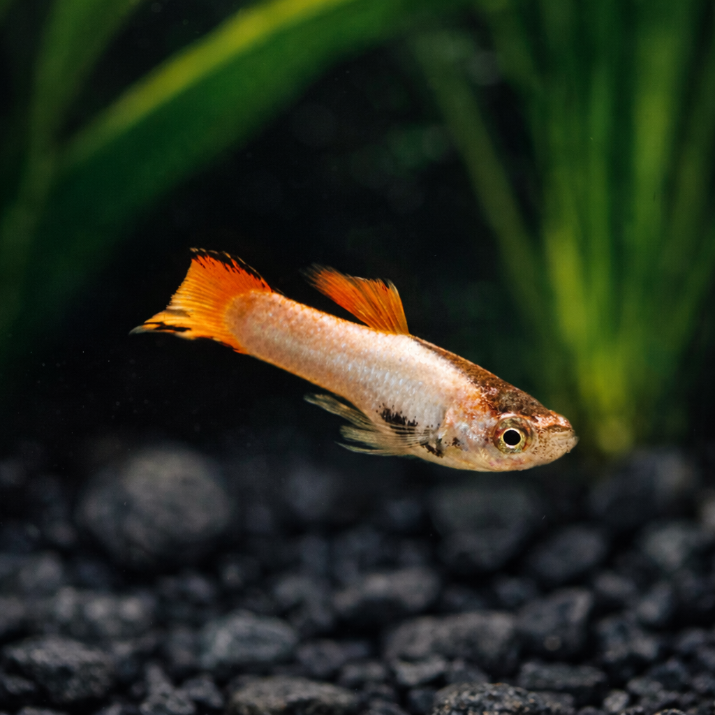 Pink Endler fish with pink and orange tail in a tank