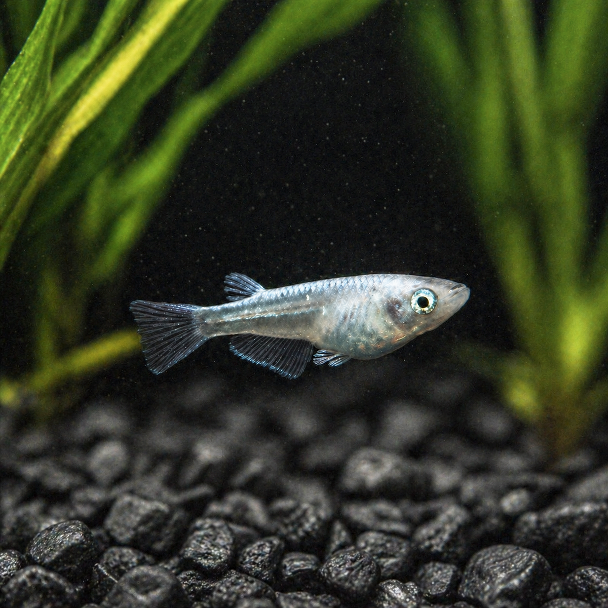 White Medaka Ricefish swimming in an aquarium among java fern 