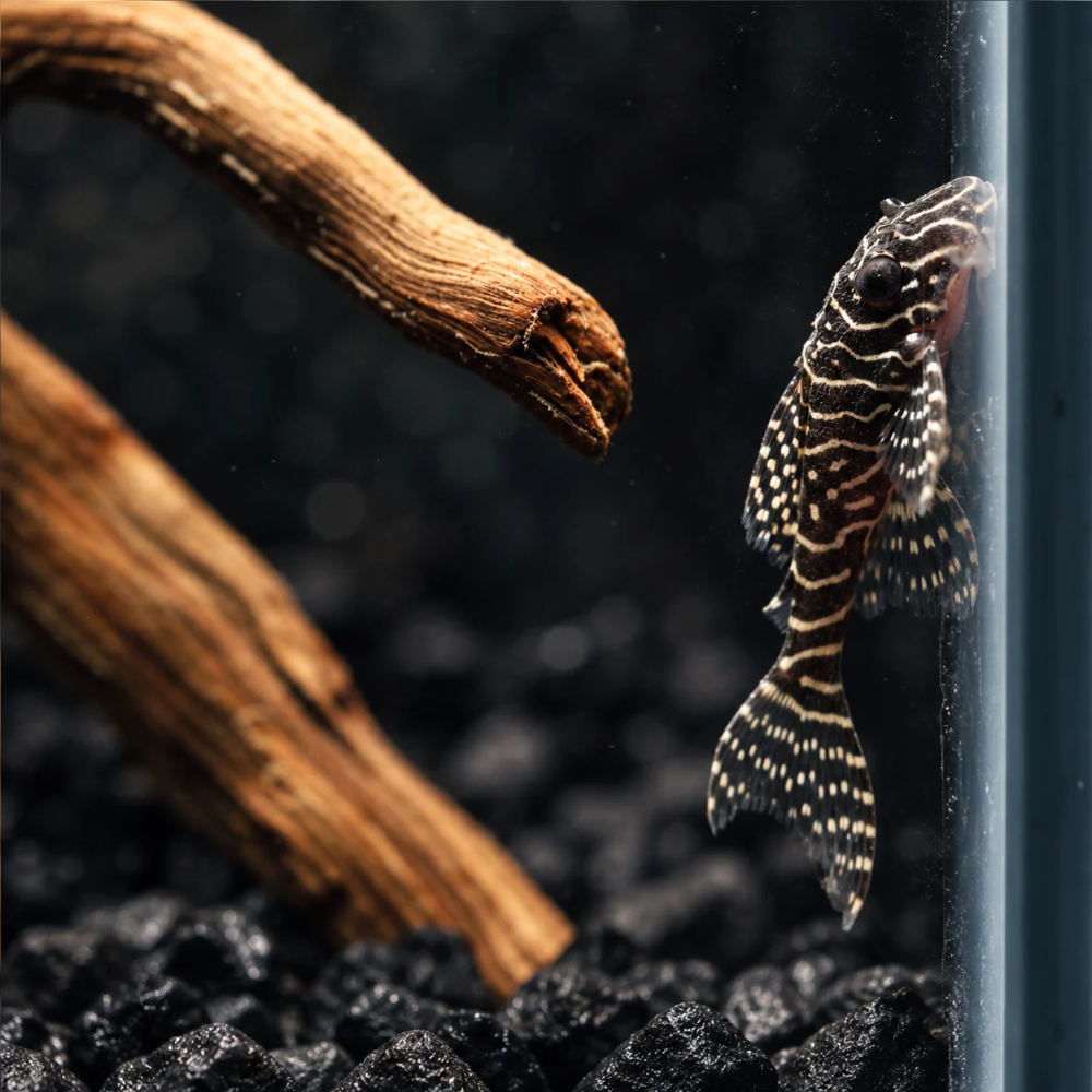 A small black and white striped Queen Arabesque Pleco L260 with spotted fins swims near the right edge of an aquarium, with driftwood and black gravel in the background.