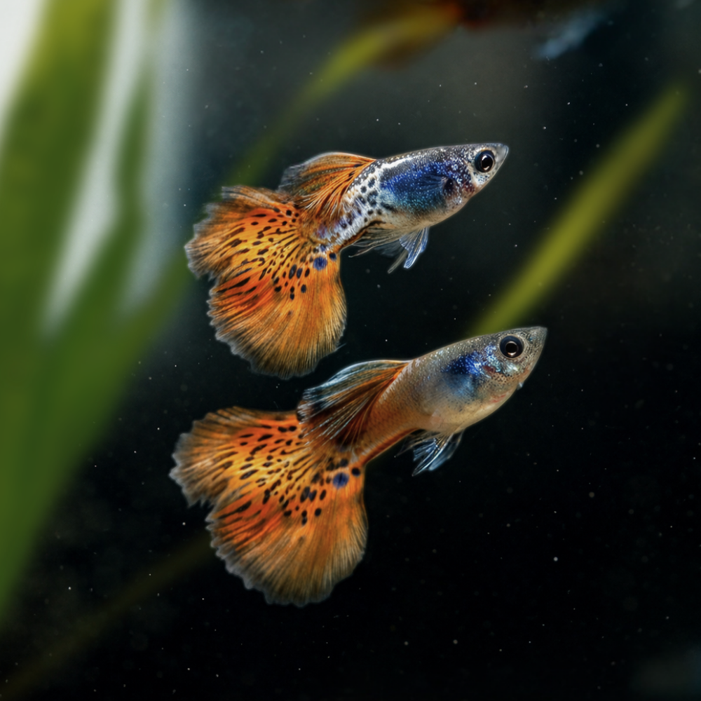 Two colorful Red Lace Guppy fish swimming in an aquarium with plants.