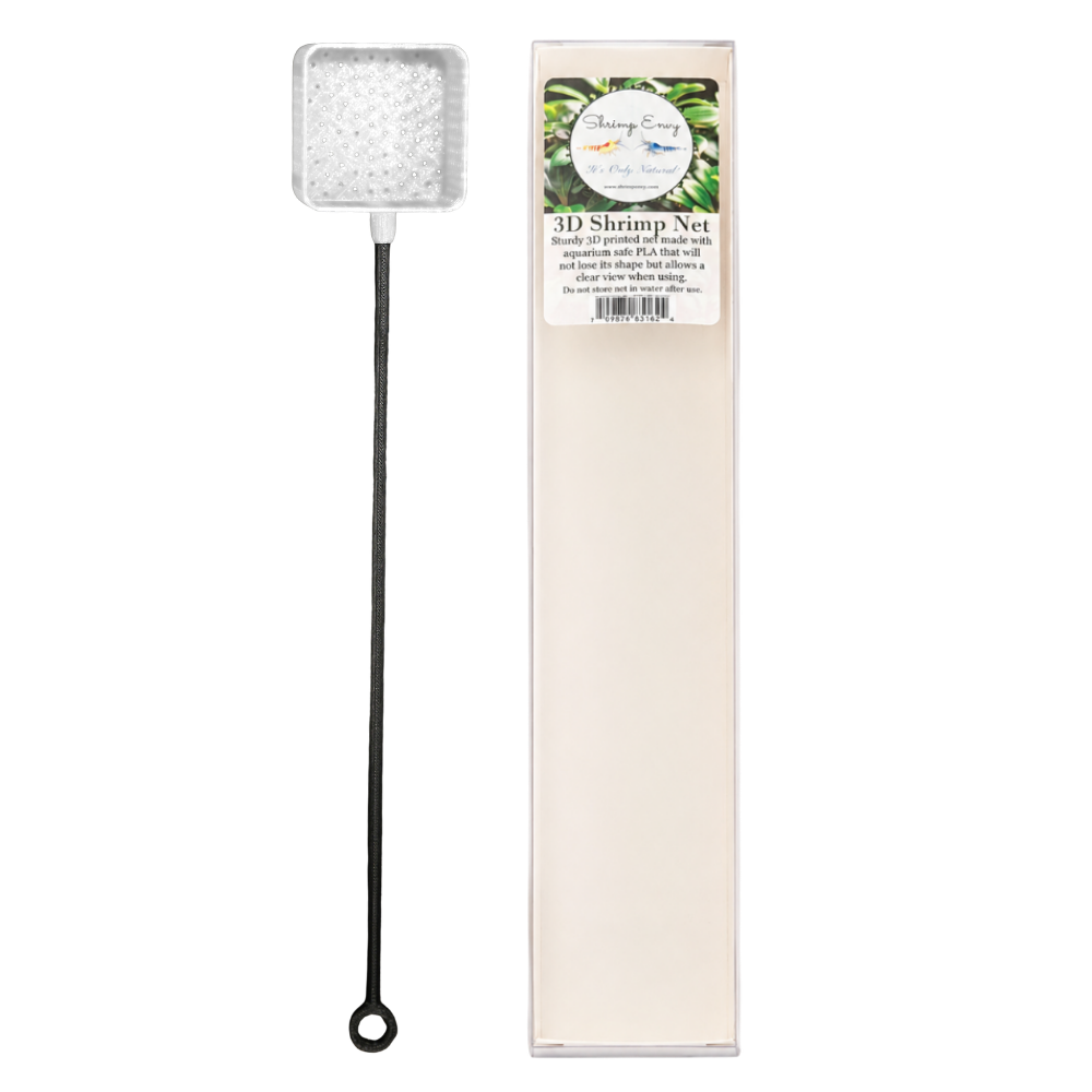 A 3D shrimp net with a clear square net  and long black handle